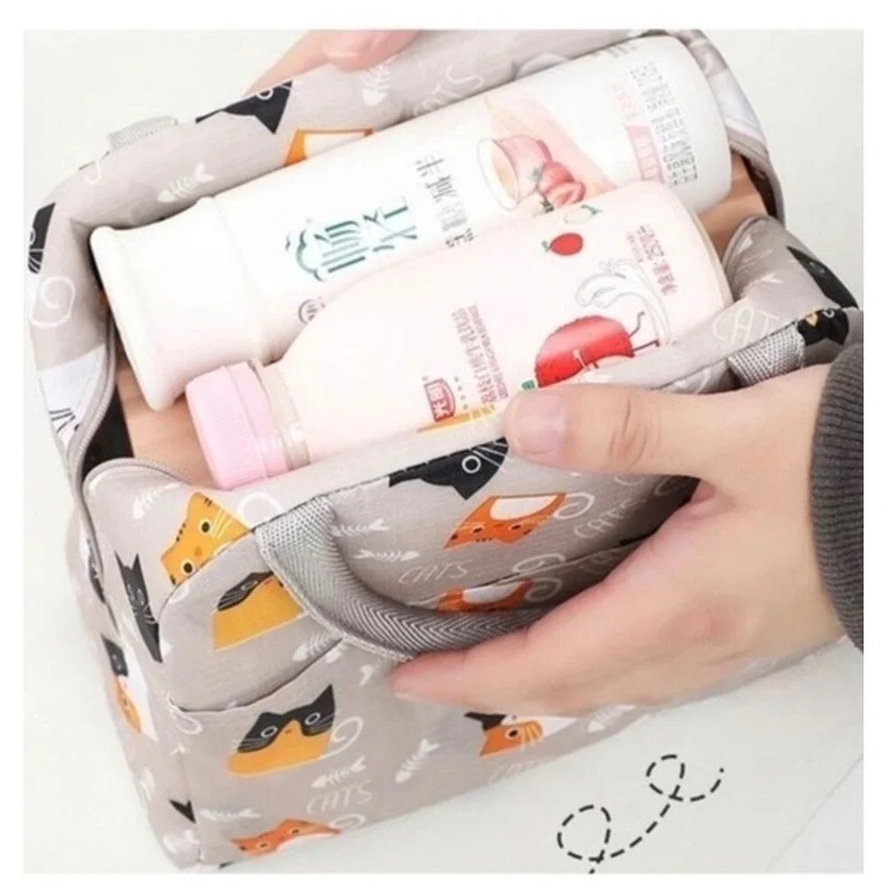 Cat Print Insulated Lunch‎ Bag Gray Kawaii Cute New